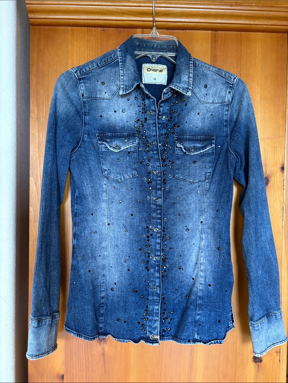 Embellished Denim Button-Up  top  - Blue